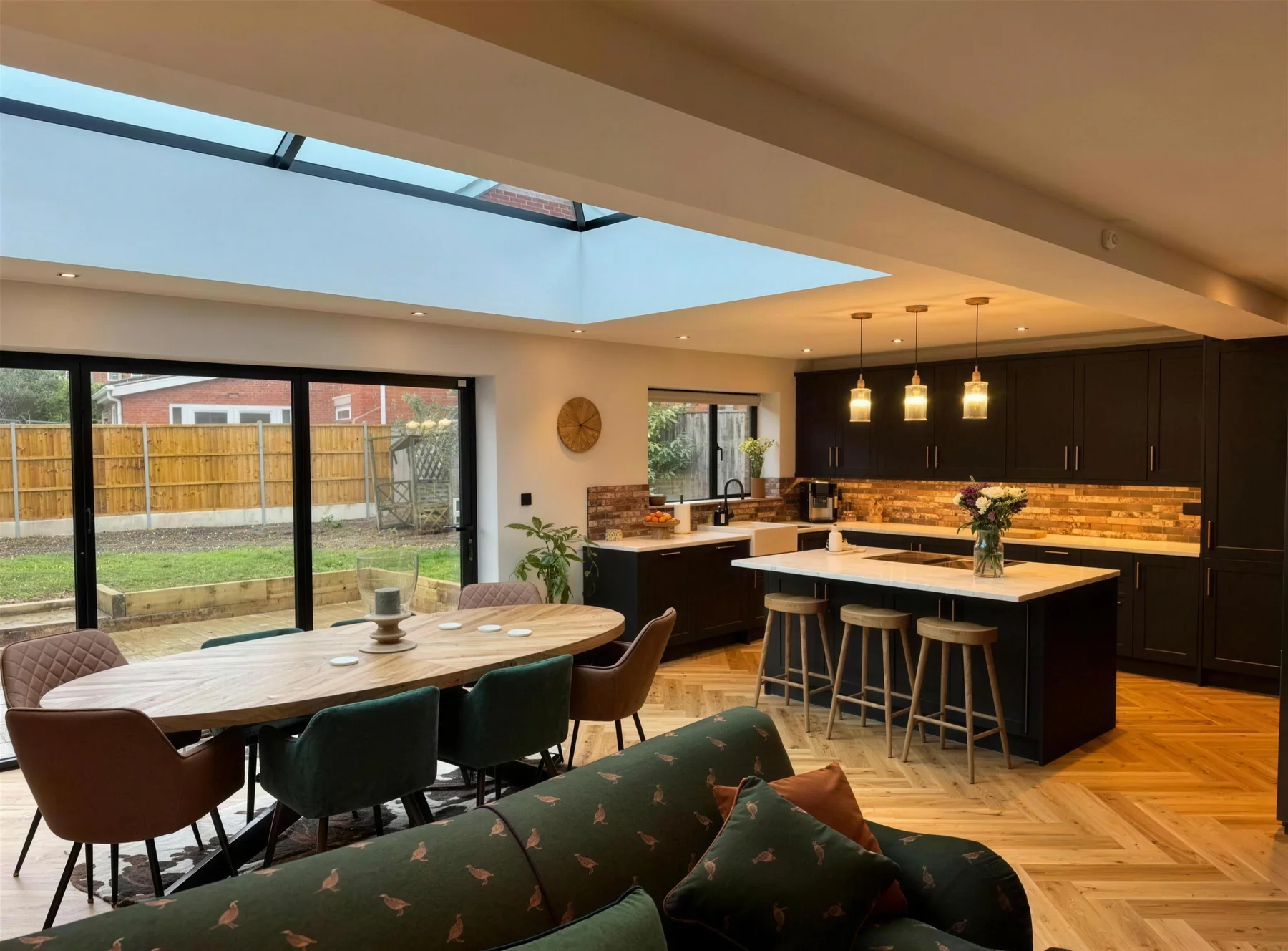 A finished open-plan kitchen extension by A.P. Berrystone, with a long roof lantern, bi-fold doors onto the garden and a herringbone floor